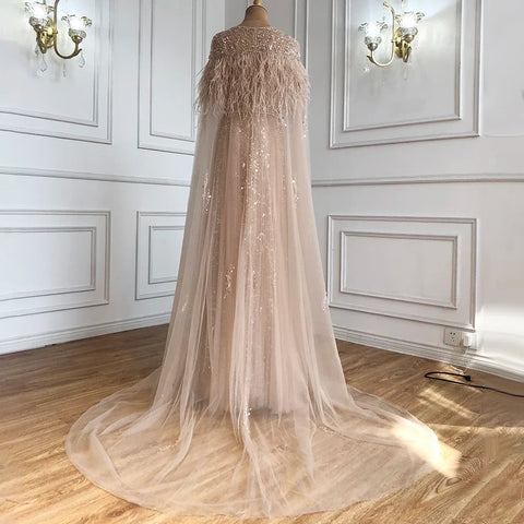 Lujosos vestidos de noche formales de Dubái en gris con capa de plumas, dorados, árabes, para mujer, vestidos largos de fiesta de boda LA70640 