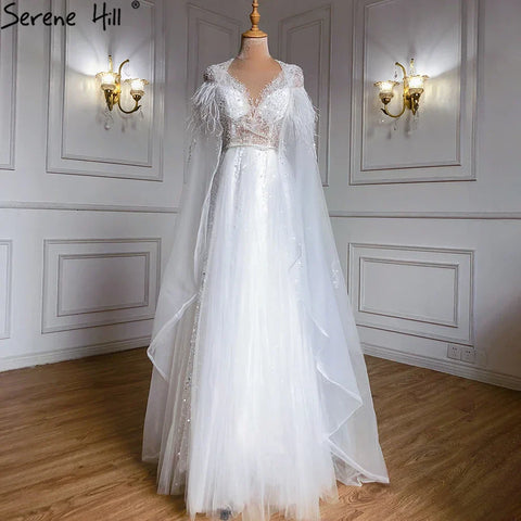 Lujosos vestidos de noche formales de Dubái en gris con capa de plumas, dorados, árabes, para mujer, vestidos largos de fiesta de boda LA70640 