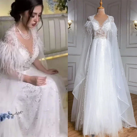 Lujosos vestidos de noche formales de Dubái en gris con capa de plumas, dorados, árabes, para mujer, vestidos largos de fiesta de boda LA70640 