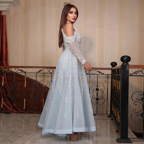 Luxury Dubai Light Blue Evening Dress for Women Wedding Elegant Off Shoulder Beaded Formal Party Gowns LA72003