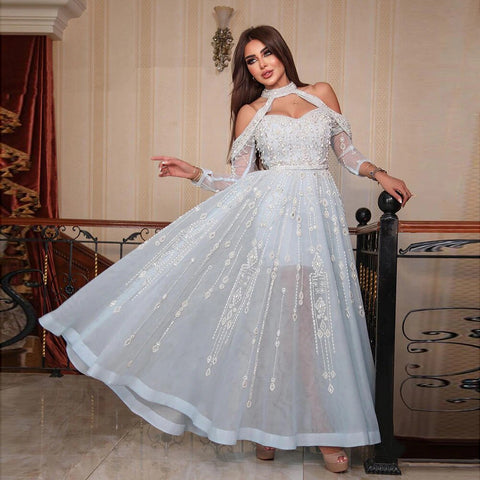 Luxury Dubai Light Blue Evening Dress for Women Wedding Elegant Off Shoulder Beaded Formal Party Gowns LA72003