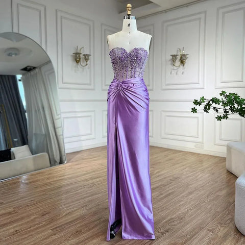 Robe de soirée de luxe style sirène lilas, fendue, sans bretelles, avec perles, style arabe, pour femmes, fête de mariage, 2025, LA72329