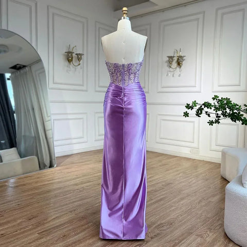 Robe de soirée de luxe style sirène lilas, fendue, sans bretelles, avec perles, style arabe, pour femmes, fête de mariage, 2025, LA72329