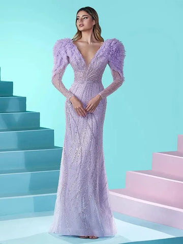 Vestido de noche de lujo estilo sirena, color lila, con escote en V, de Dubái, para mujer, para fiesta de boda, LA72471 