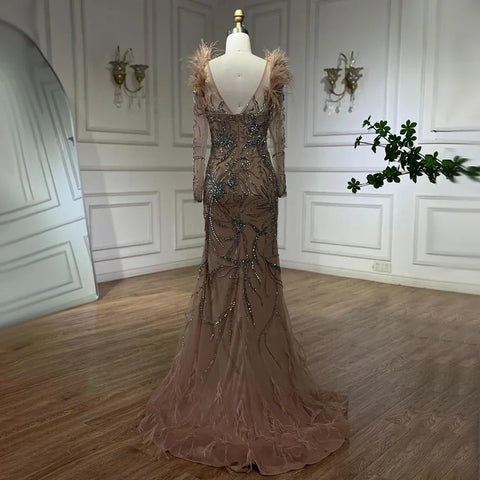 Robe de soirée sirène de luxe à une épaule, couleur chair, avec perles et plumes, pour femme, tenue de mariage, LA72508 