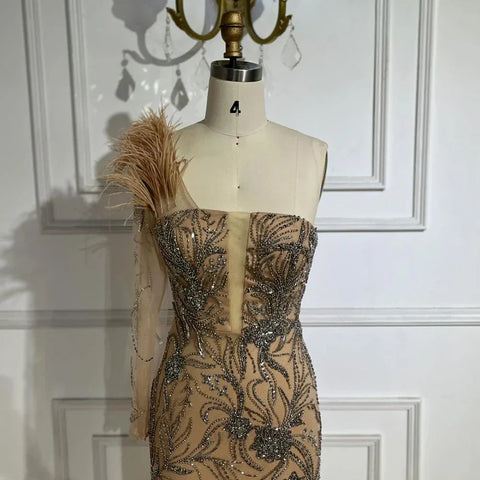 Robe de soirée sirène de luxe à une épaule, couleur chair, avec perles et plumes, pour femme, tenue de mariage, LA72508 