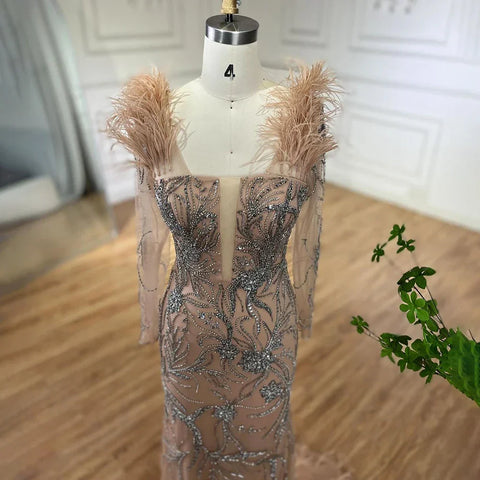 Robe de soirée sirène de luxe à une épaule, couleur chair, avec perles et plumes, pour femme, tenue de mariage, LA72508 