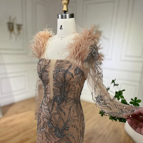 Robe de soirée sirène de luxe à une épaule, couleur chair, avec perles et plumes, pour femme, tenue de mariage, LA72508 