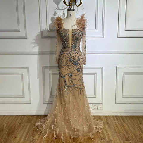 Robe de soirée sirène de luxe à une épaule, couleur chair, avec perles et plumes, pour femme, tenue de mariage, LA72508 