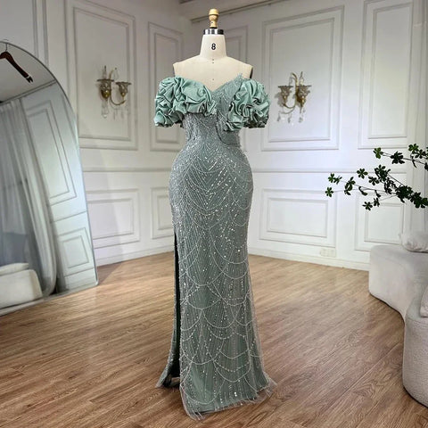 Robe de soirée de luxe style sirène vert sauge, épaules dénudées, pour femme, tenue de mariage arabe, 2025, LA72281 