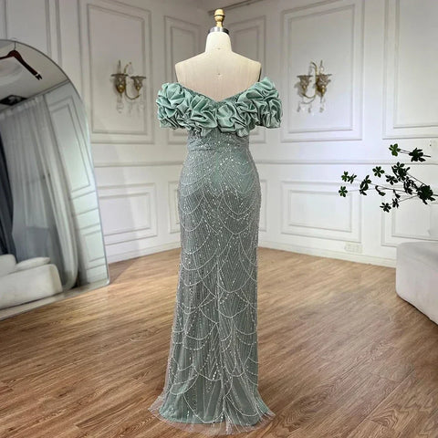 Robe de soirée de luxe style sirène vert sauge, épaules dénudées, pour femme, tenue de mariage arabe, 2025, LA72281 
