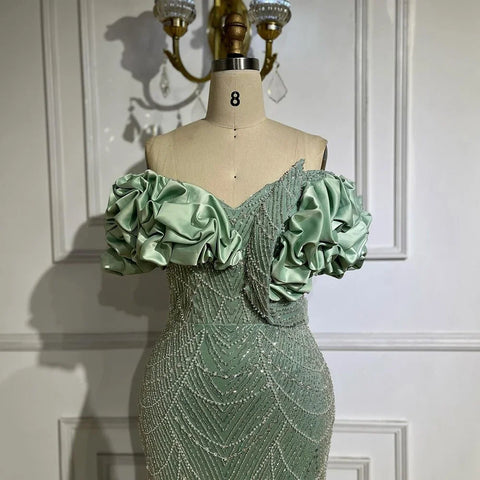 Robe de soirée de luxe style sirène vert sauge, épaules dénudées, pour femme, tenue de mariage arabe, 2025, LA72281 