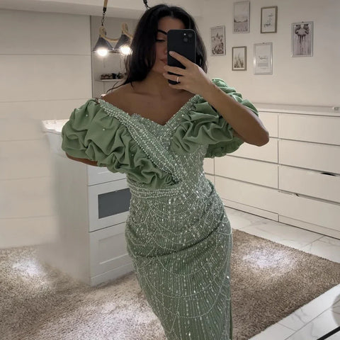 Robe de soirée de luxe style sirène vert sauge, épaules dénudées, pour femme, tenue de mariage arabe, 2025, LA72281 