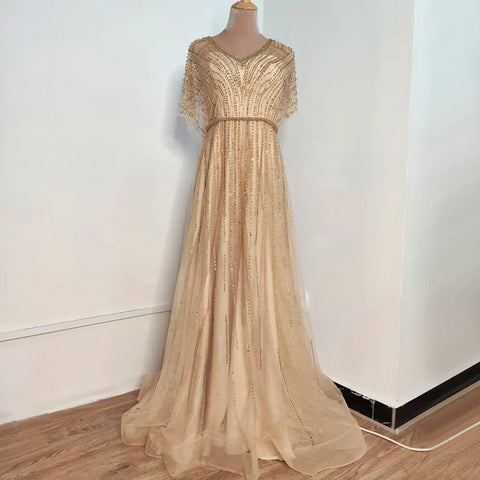 Elegante vestido de noche de lujo en rojo Dubái, corte A, con media manga y cuentas, para mujer, ideal para bodas, 2025, LA70458 