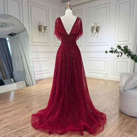 Elegante vestido de noche de lujo en rojo Dubái, corte A, con media manga y cuentas, para mujer, ideal para bodas, 2025, LA70458 