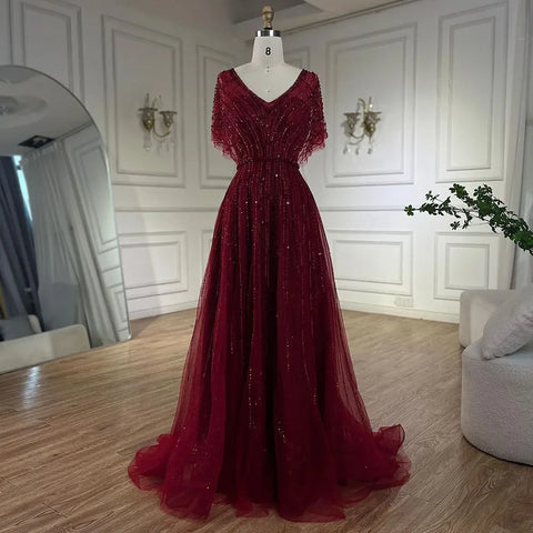 Elegante vestido de noche de lujo en rojo Dubái, corte A, con media manga y cuentas, para mujer, ideal para bodas, 2025, LA70458 