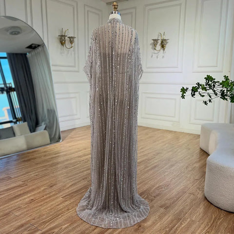 Luxury Dubai Silver Nude Cape Mermaid Arabic Beaded Evening Gown Women's Party 2025 LA72484