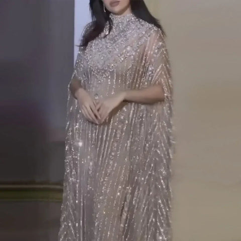 Luxury Dubai Silver Nude Cape Mermaid Arabic Beaded Evening Gown Women's Party 2025 LA72484