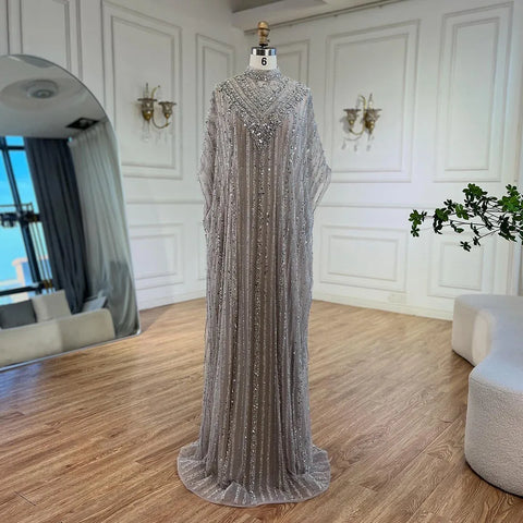 Luxury Dubai Silver Nude Cape Mermaid Arabic Beaded Evening Gown Women's Party 2025 LA72484