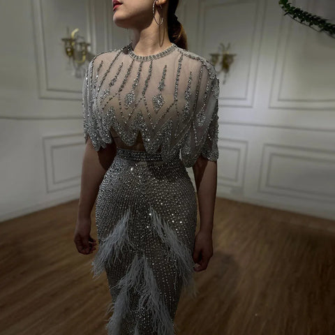 Luxury Dubai White Feathers Two Pieces Evening Dresses LA72098