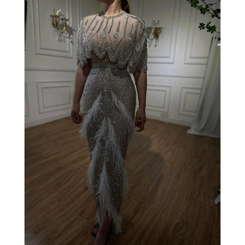 Luxury Dubai White Feathers Two Pieces Evening Dresses LA72098