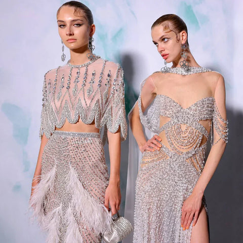 Luxury Dubai White Feathers Two Pieces Evening Dresses LA72098