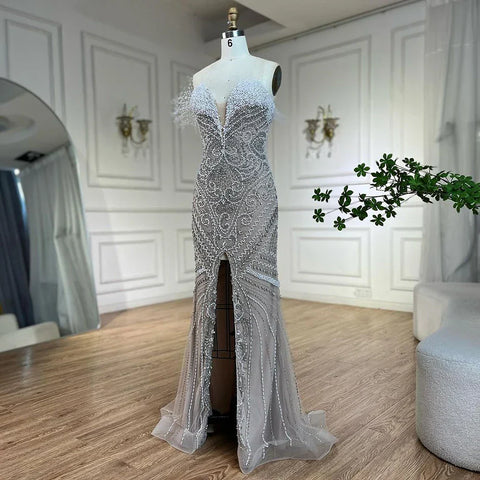 Robe de soirée de luxe blanche, décolleté en V, style sirène, sans bretelles, ornée de perles, pour femme, tenue de mariage, LA72522 