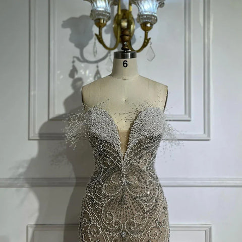 Robe de soirée de luxe blanche, décolleté en V, style sirène, sans bretelles, ornée de perles, pour femme, tenue de mariage, LA72522 