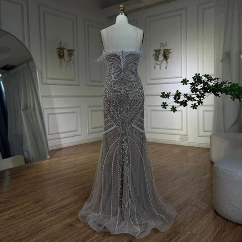 Robe de soirée de luxe blanche, décolleté en V, style sirène, sans bretelles, ornée de perles, pour femme, tenue de mariage, LA72522 