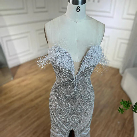 Robe de soirée de luxe blanche, décolleté en V, style sirène, sans bretelles, ornée de perles, pour femme, tenue de mariage, LA72522 