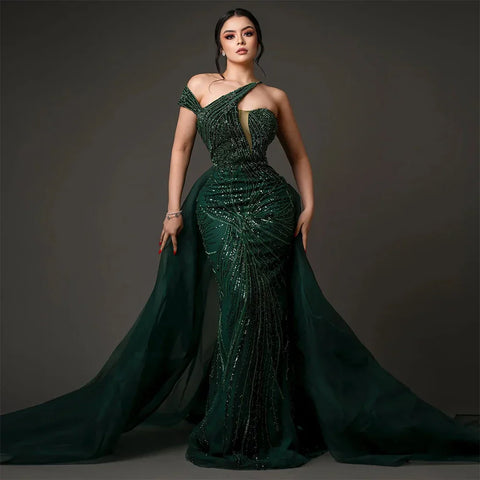 Vestido de noche verde esmeralda de lujo con sobrefalda, elegante, de un solo hombro, para mujer, para boda, fiesta, formal, LA72474 