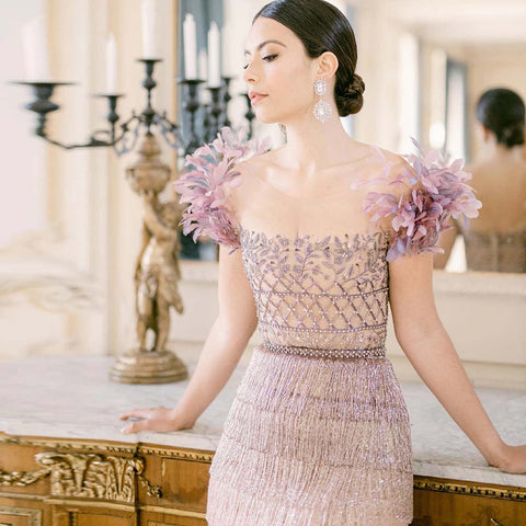 Luxury Feathers Tassel Lilac Dubai Evening Dresses LA72004