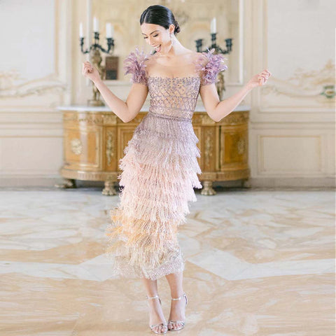 Luxury Feathers Tassel Lilac Dubai Evening Dresses LA72004