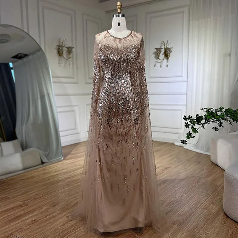 Robe de soirée luxueuse à manches cape dorées, coupe trapèze, perlée, pour femme, tenue de mariage, LA71416, 2025 