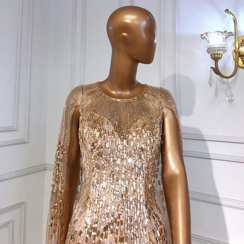 Robe de soirée luxueuse à manches cape dorées, coupe trapèze, perlée, pour femme, tenue de mariage, LA71416, 2025 