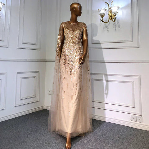 Robe de soirée luxueuse à manches cape dorées, coupe trapèze, perlée, pour femme, tenue de mariage, LA71416, 2025 