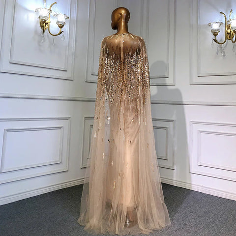 Robe de soirée luxueuse à manches cape dorées, coupe trapèze, perlée, pour femme, tenue de mariage, LA71416, 2025 