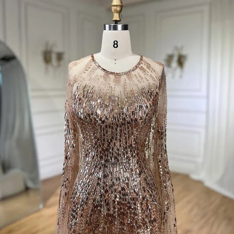Robe de soirée luxueuse à manches cape dorées, coupe trapèze, perlée, pour femme, tenue de mariage, LA71416, 2025 