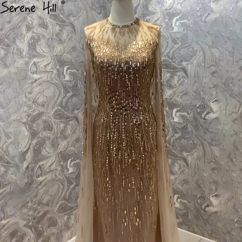 Robe de soirée luxueuse à manches cape dorées, coupe trapèze, perlée, pour femme, tenue de mariage, LA71416, 2025 