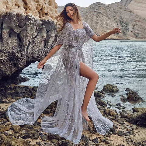 Vestidos de noche de lujo grises con corte en A y mangas estilo capa, con cuentas, estilo árabe, para graduación, LA71855 