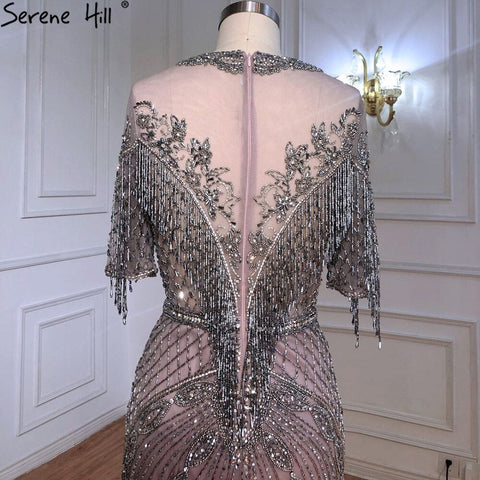 Robe de soirée sirène grise de luxe, manches mi-longues, perles et pompons, élégante, pour femme, LA70966, 2025 