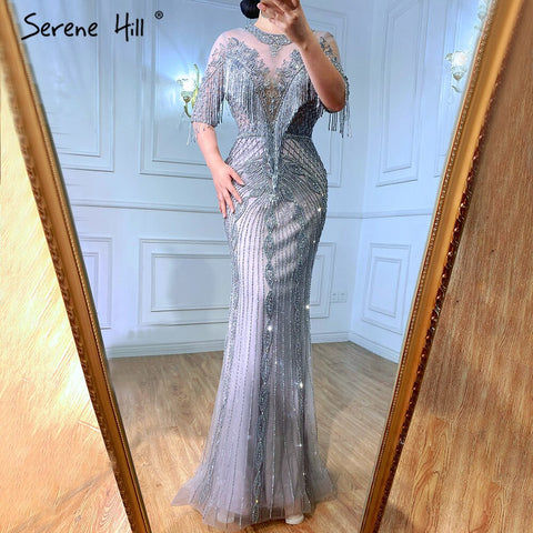 Robe de soirée sirène grise de luxe, manches mi-longues, perles et pompons, élégante, pour femme, LA70966, 2025 