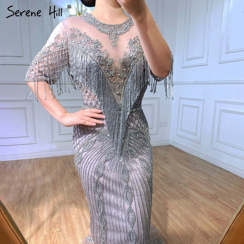 Robe de soirée sirène grise de luxe, manches mi-longues, perles et pompons, élégante, pour femme, LA70966, 2025 