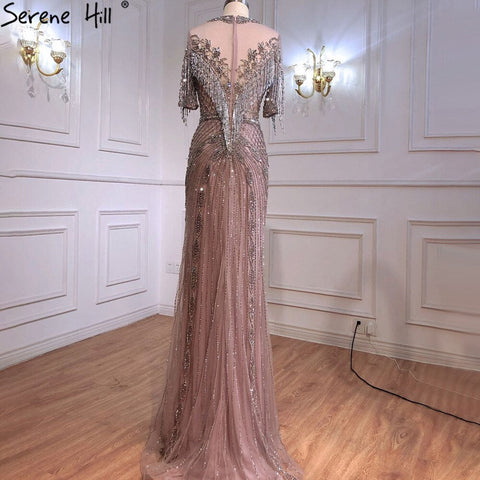 Robe de soirée sirène grise de luxe, manches mi-longues, perles et pompons, élégante, pour femme, LA70966, 2025 