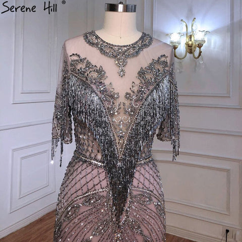 Robe de soirée sirène grise de luxe, manches mi-longues, perles et pompons, élégante, pour femme, LA70966, 2025 