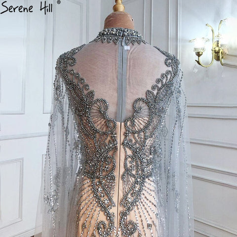 Robe de soirée luxueuse grise nude à manches cape, sirène perlée, élégante et sexy, pour femme, LA71187, 2025 