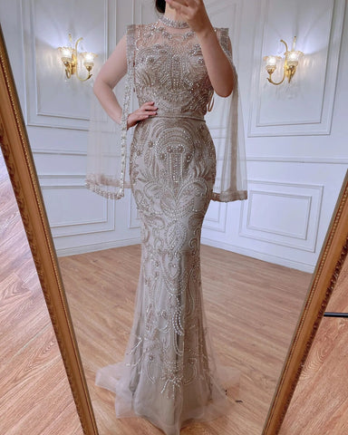 Vestidos de noche de lujo color gris nude con capa, sirena, elegantes y sexys, con cuentas, para mujer, fiesta, LA71027 