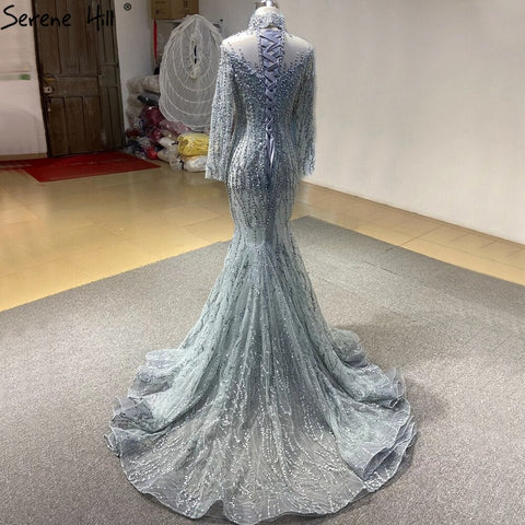 Vestido de novia de lujo gris con cola desmontable y perlas estilo sirena 2025 HM67140, hecho a medida 