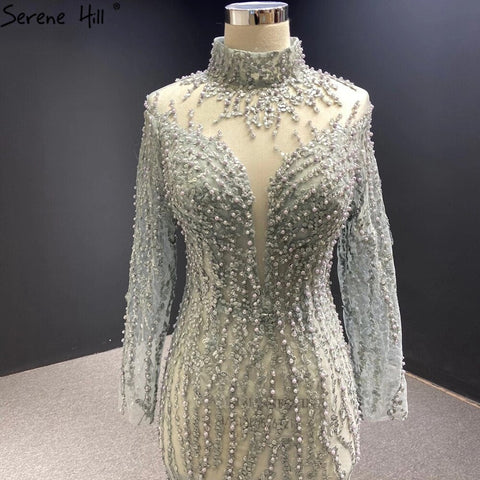 Vestido de novia de lujo gris con cola desmontable y perlas estilo sirena 2025 HM67140, hecho a medida 