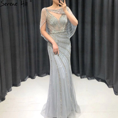 Luxury Champagne Dubai Mermaid Evening Dress with Cape LA70910